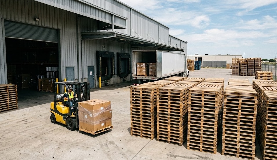 Forklift loading pallets onto delivery truck