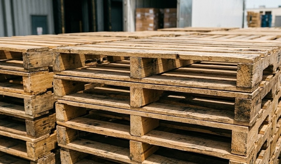 Close-up of quality stacked wooden pallets